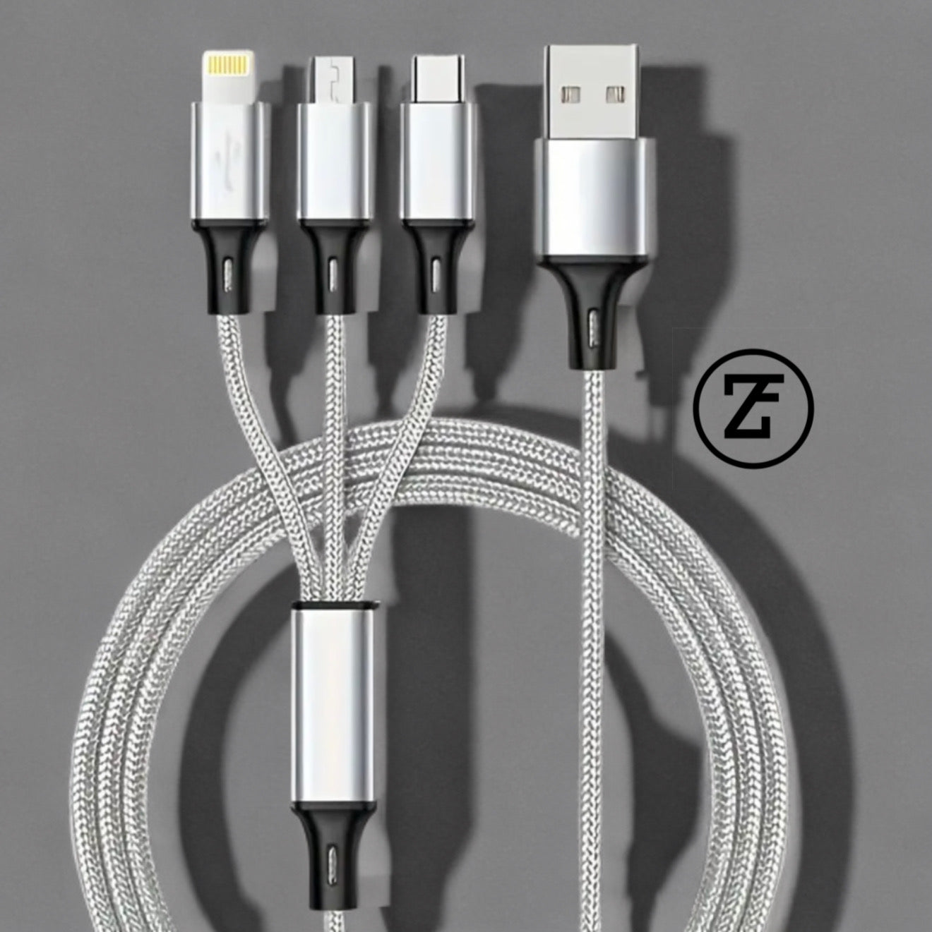 3 in 1 Multi Use Silver Charger (iPhone & Android)